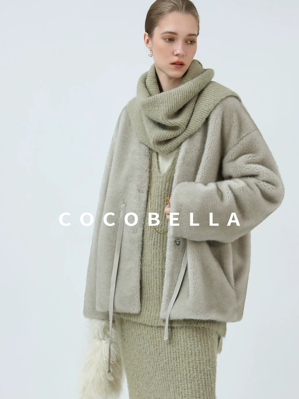 COCOBELLA Luxurious Faux Fur Straight Fit V Neck Women Polyester Pearl Color Jackets