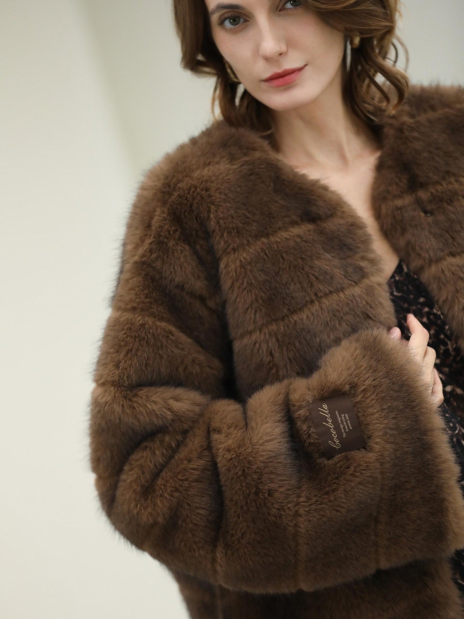 COCOBELLA Luxury Faux Fur Vintage Regular Fit Long Sleeve Women Coffee Brown Coats