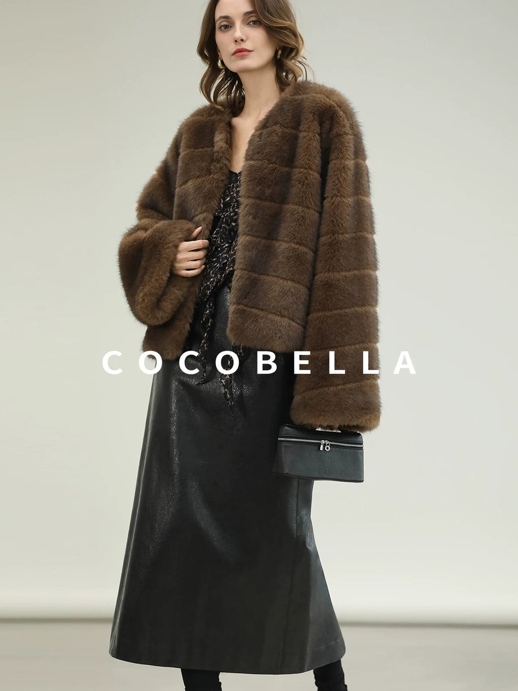 COCOBELLA Luxury Faux Fur Vintage Regular Fit Long Sleeve Women Coffee Brown Coats