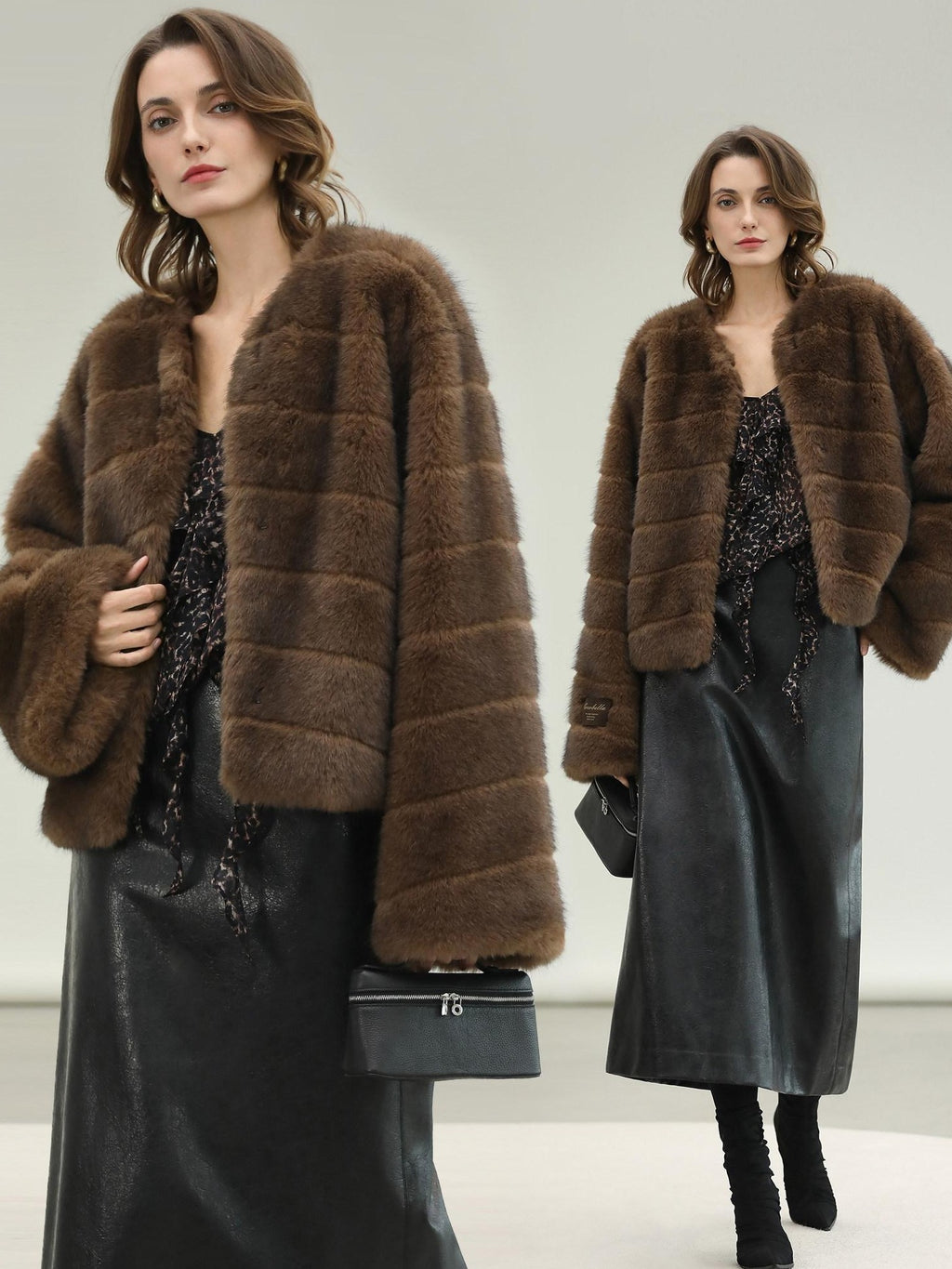 COCOBELLA Luxury Faux Fur Vintage Regular Fit Long Sleeve Women Coffee Brown Coats