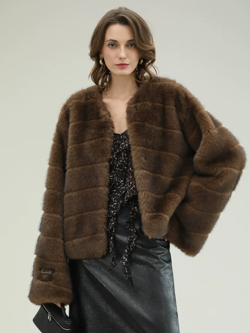 COCOBELLA Luxury Faux Fur Vintage Regular Fit Long Sleeve Women Coffee Brown Coats