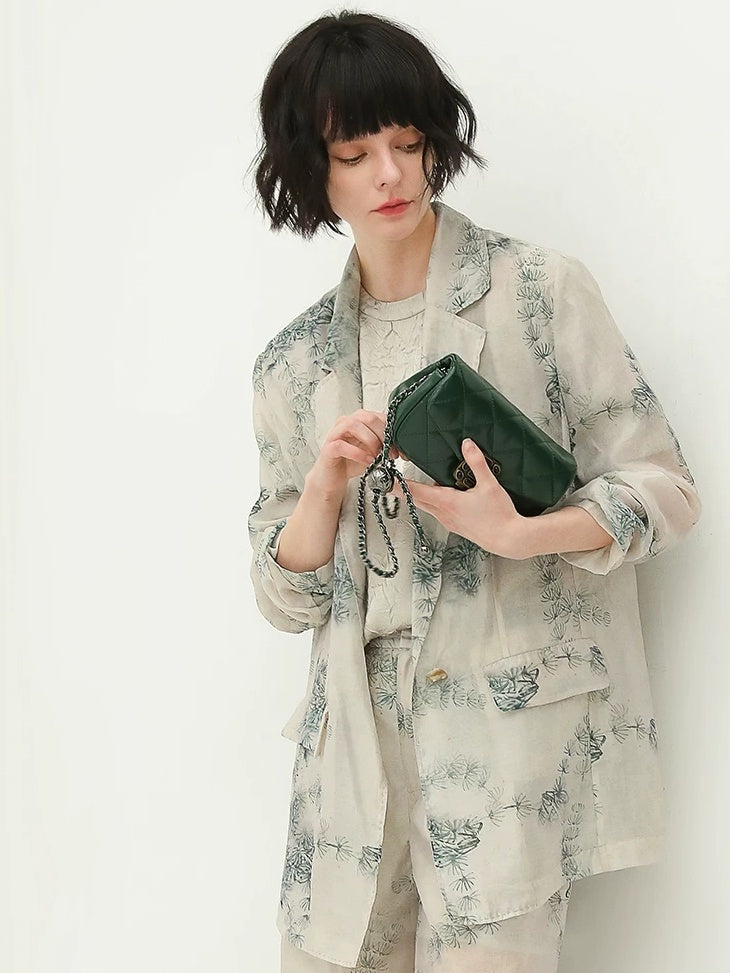 COCOBELLA Lyocell Blend Printed Straight Mid Length One Button Women Office Blazers