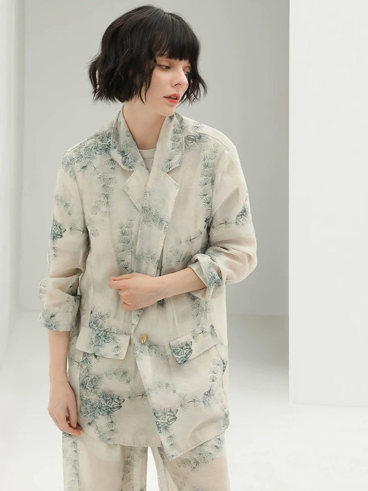 COCOBELLA Lyocell Blend Printed Straight Mid Length One Button Women Office Blazers