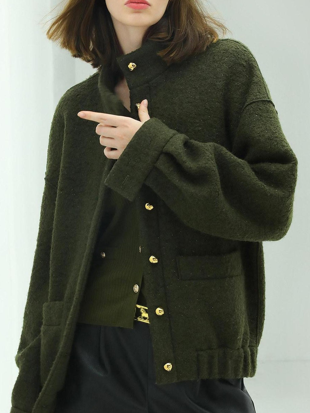 COCOBELLA Minimal Commuter Straight Fit Stand Collar Wool Blend Button Army Green Jackets