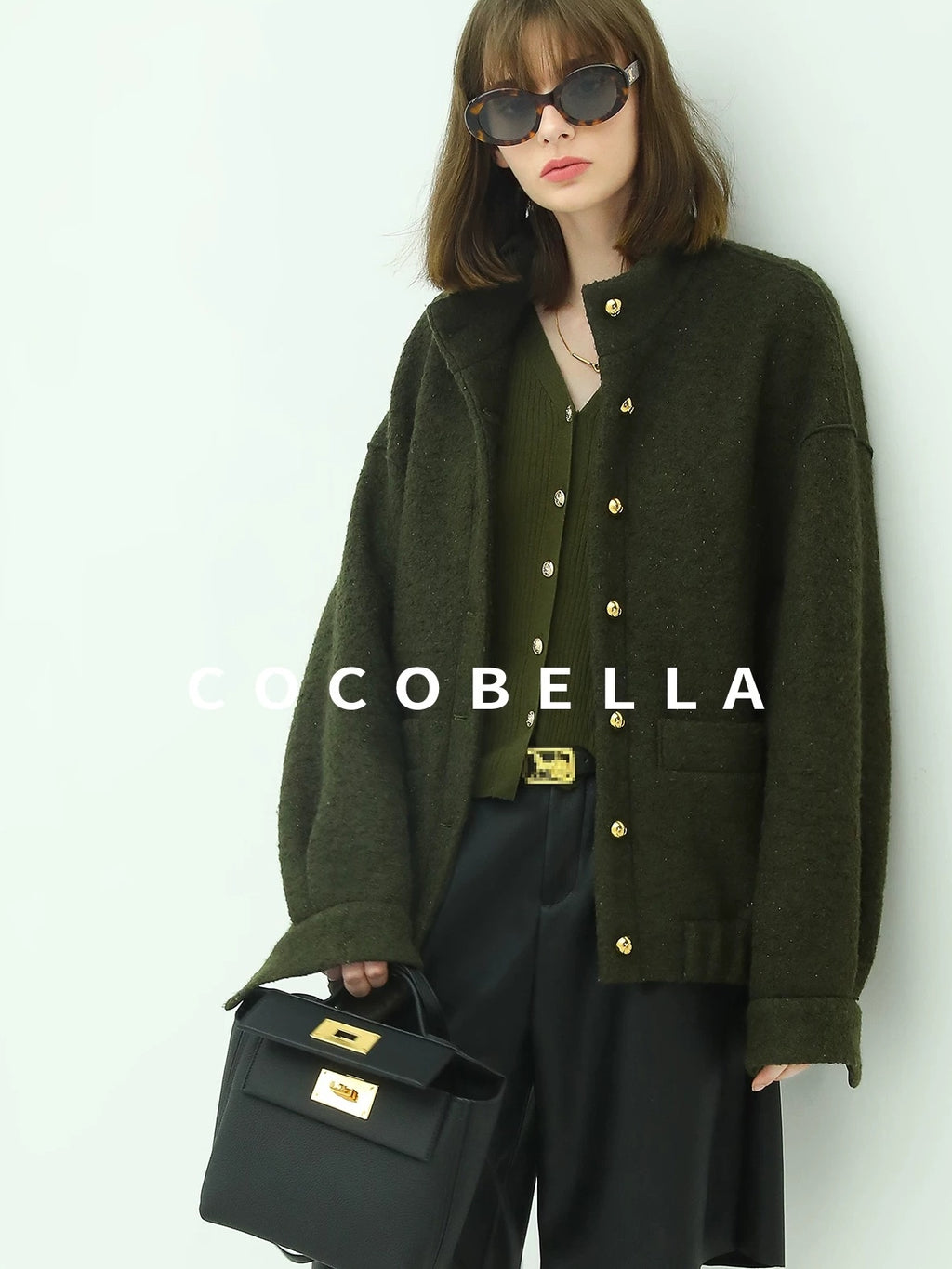 COCOBELLA Minimal Commuter Straight Fit Stand Collar Wool Blend Button Army Green Jackets