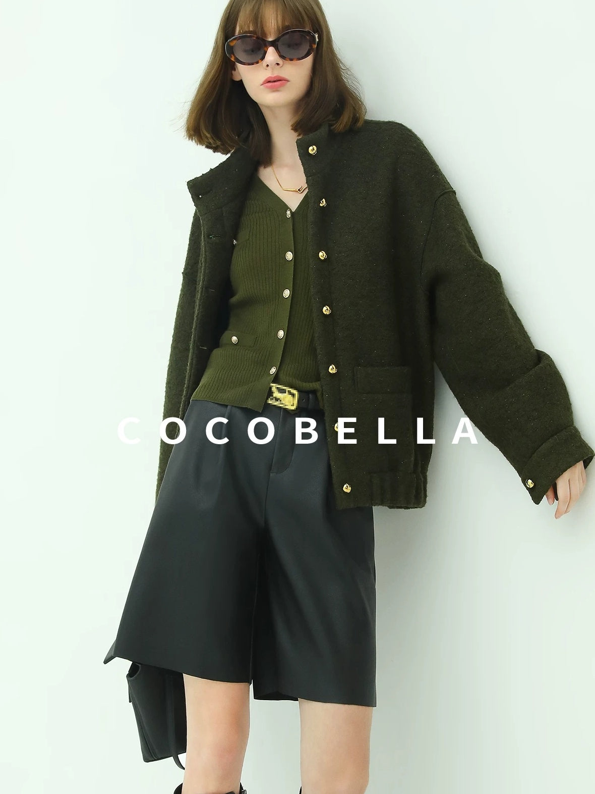 COCOBELLA Minimal Commuter Straight Fit Stand Collar Wool Blend Button Army Green Jackets