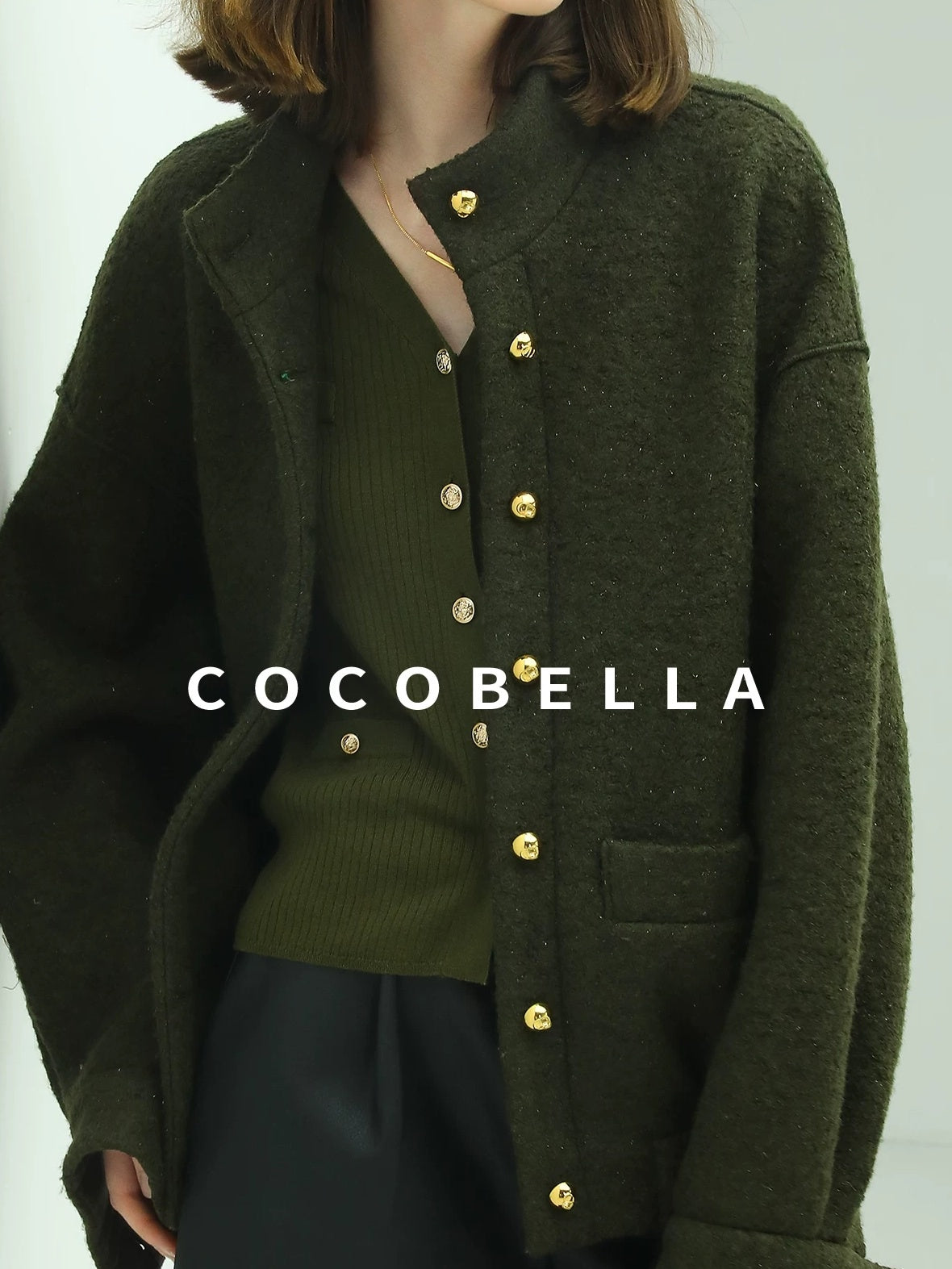 COCOBELLA Minimal Commuter Straight Fit Stand Collar Wool Blend Button Army Green Jackets