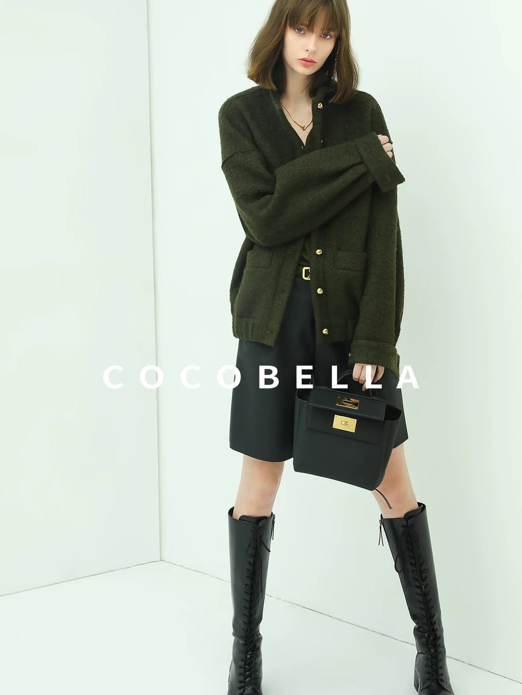 COCOBELLA Minimal Commuter Straight Fit Stand Collar Wool Blend Button Army Green Jackets