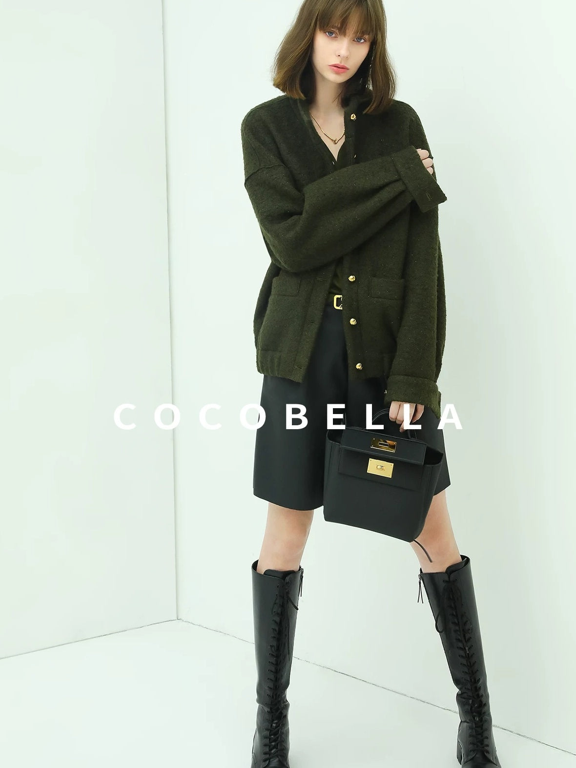 COCOBELLA Minimal Commuter Straight Fit Stand Collar Wool Blend Button Army Green Jackets