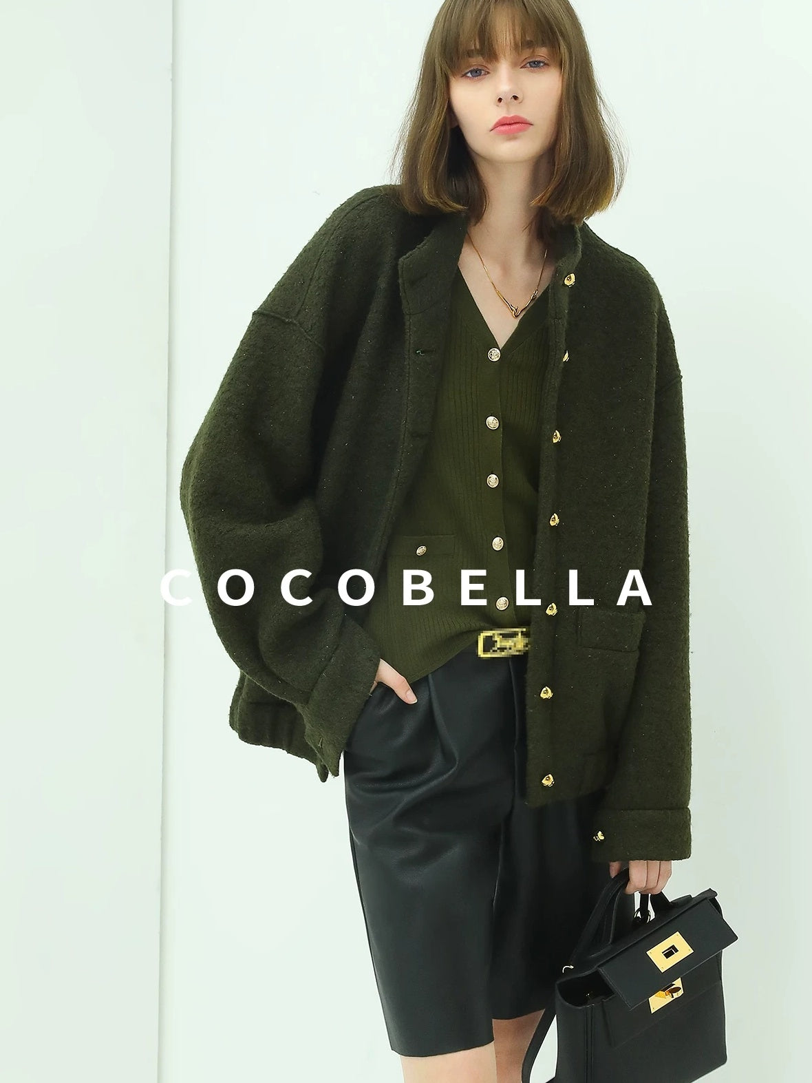COCOBELLA Minimal Commuter Straight Fit Stand Collar Wool Blend Button Army Green Jackets