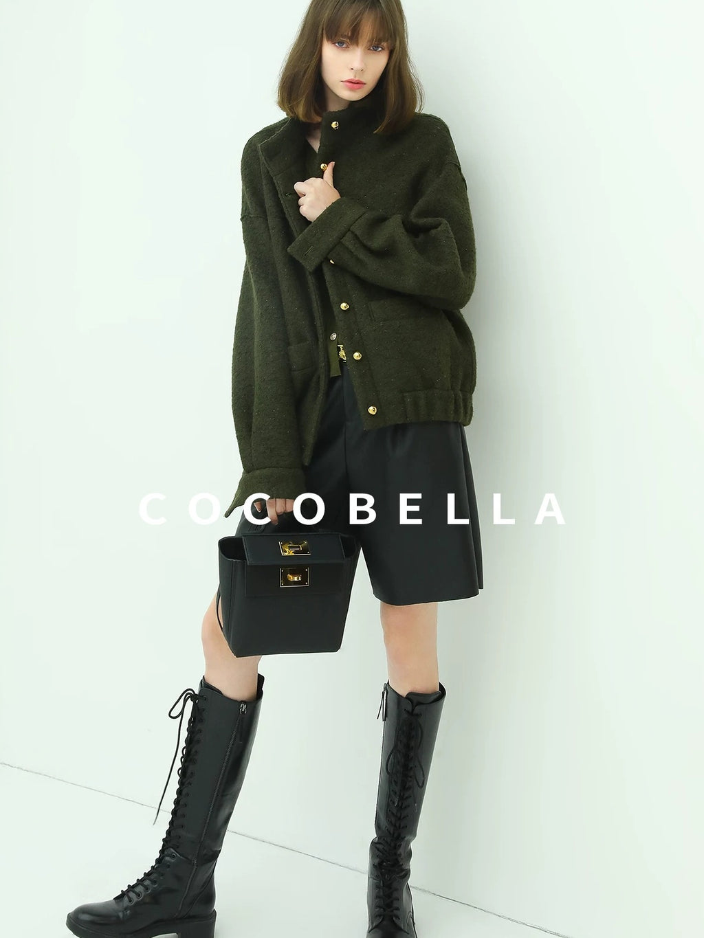 COCOBELLA Minimal Commuter Straight Fit Stand Collar Wool Blend Button Army Green Jackets