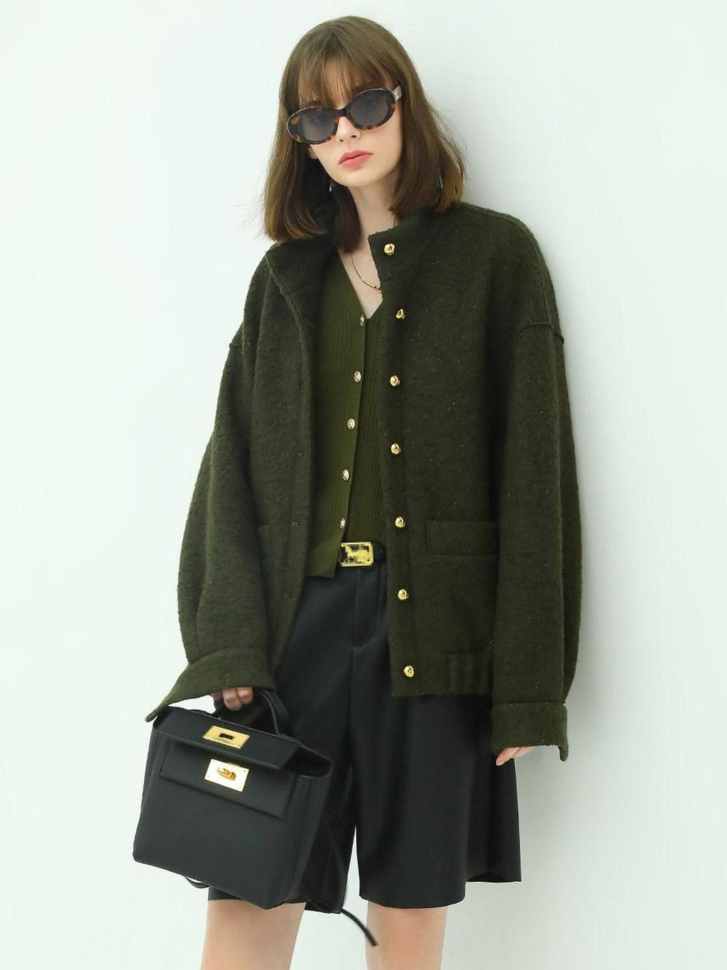 COCOBELLA Minimal Commuter Straight Fit Stand Collar Wool Blend Button Army Green Jackets