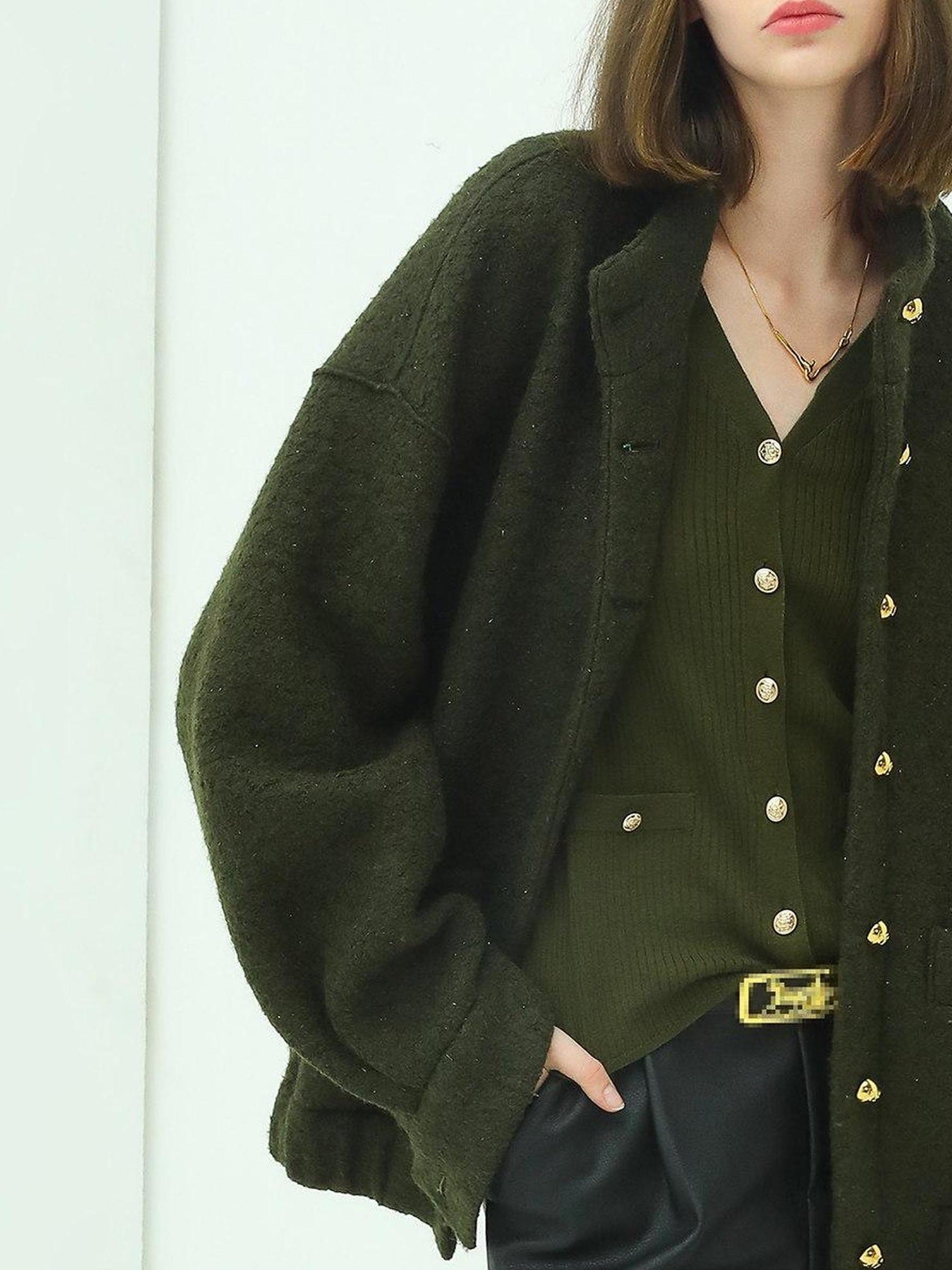 COCOBELLA Minimal Commuter Straight Fit Stand Collar Wool Blend Button Army Green Jackets