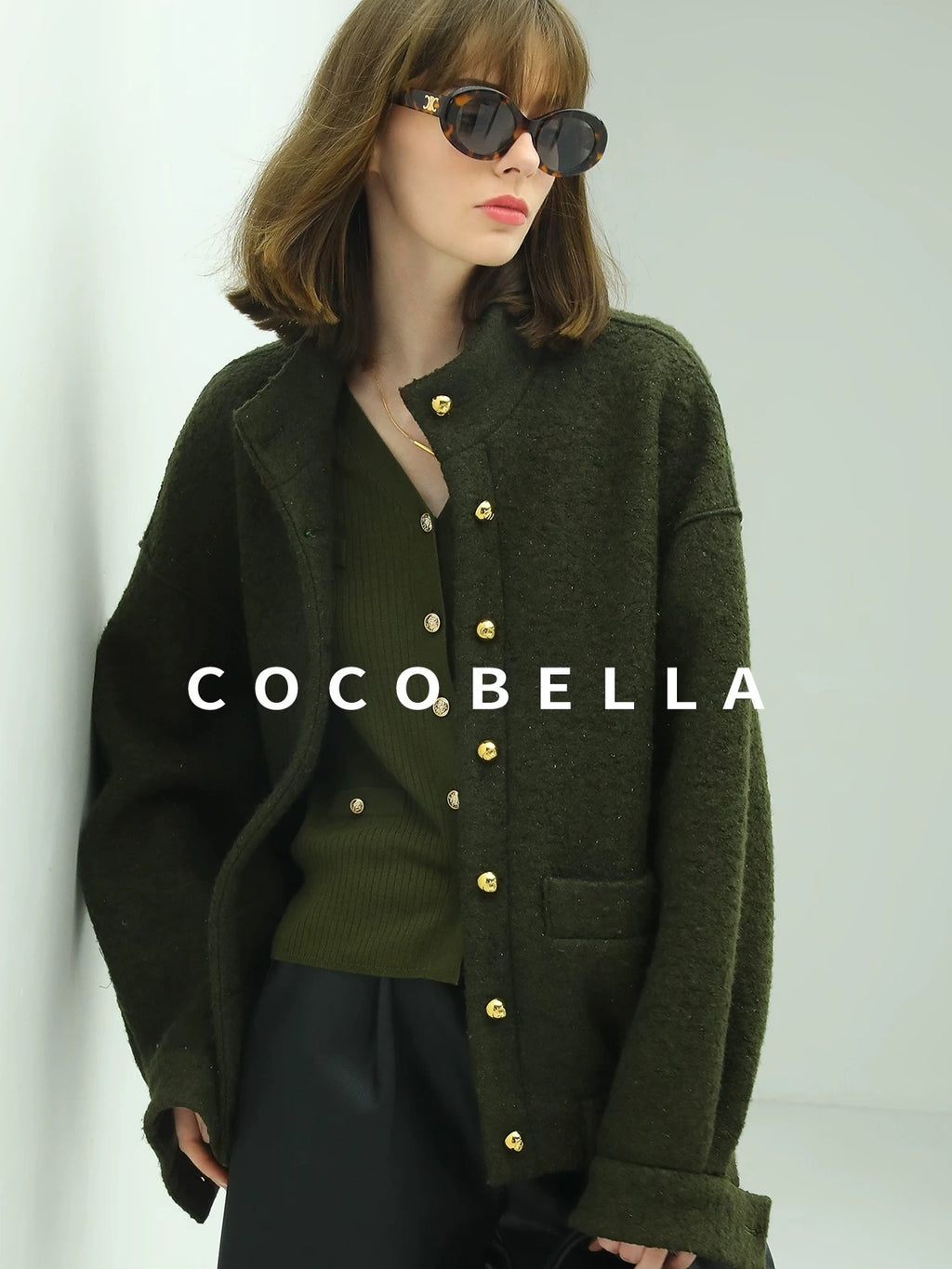 COCOBELLA Minimal Commuter Straight Fit Stand Collar Wool Blend Button Army Green Jackets