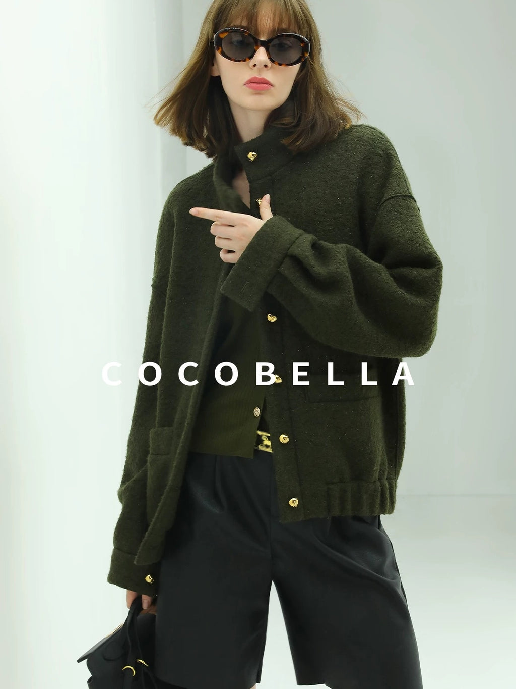 COCOBELLA Minimal Commuter Straight Fit Stand Collar Wool Blend Button Army Green Jackets