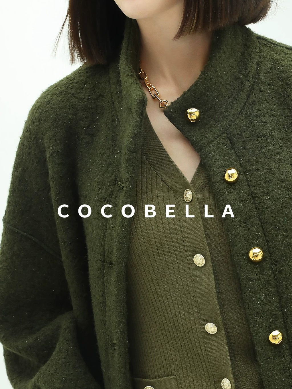 COCOBELLA Minimal Commuter Straight Fit Stand Collar Wool Blend Button Army Green Jackets