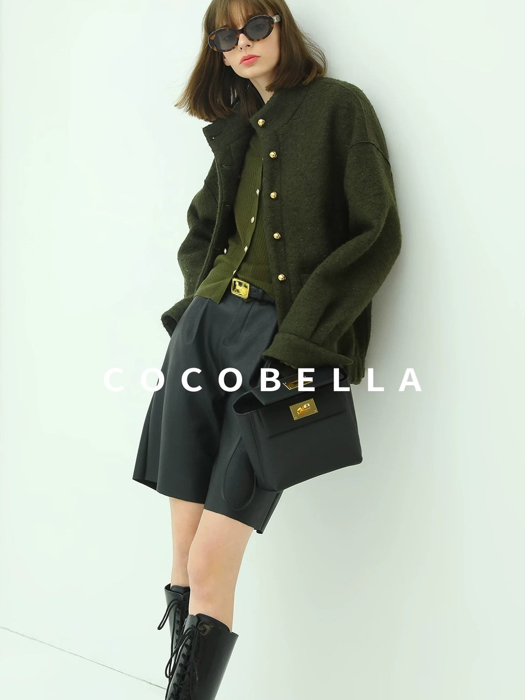 COCOBELLA Minimal Commuter Straight Fit Stand Collar Wool Blend Button Army Green Jackets