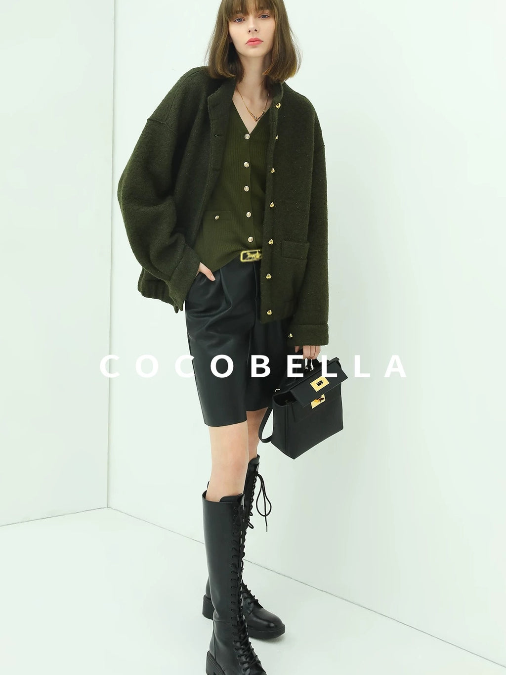 COCOBELLA Minimal Commuter Straight Fit Stand Collar Wool Blend Button Army Green Jackets