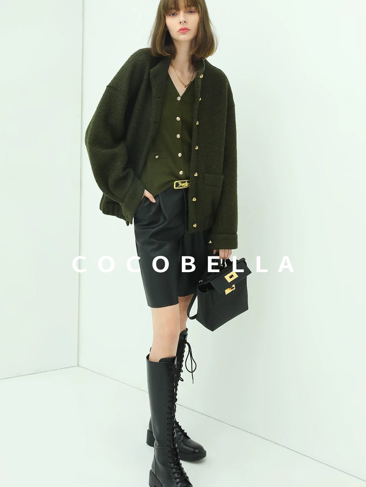 COCOBELLA Minimal Commuter Straight Fit Stand Collar Wool Blend Button Army Green Jackets