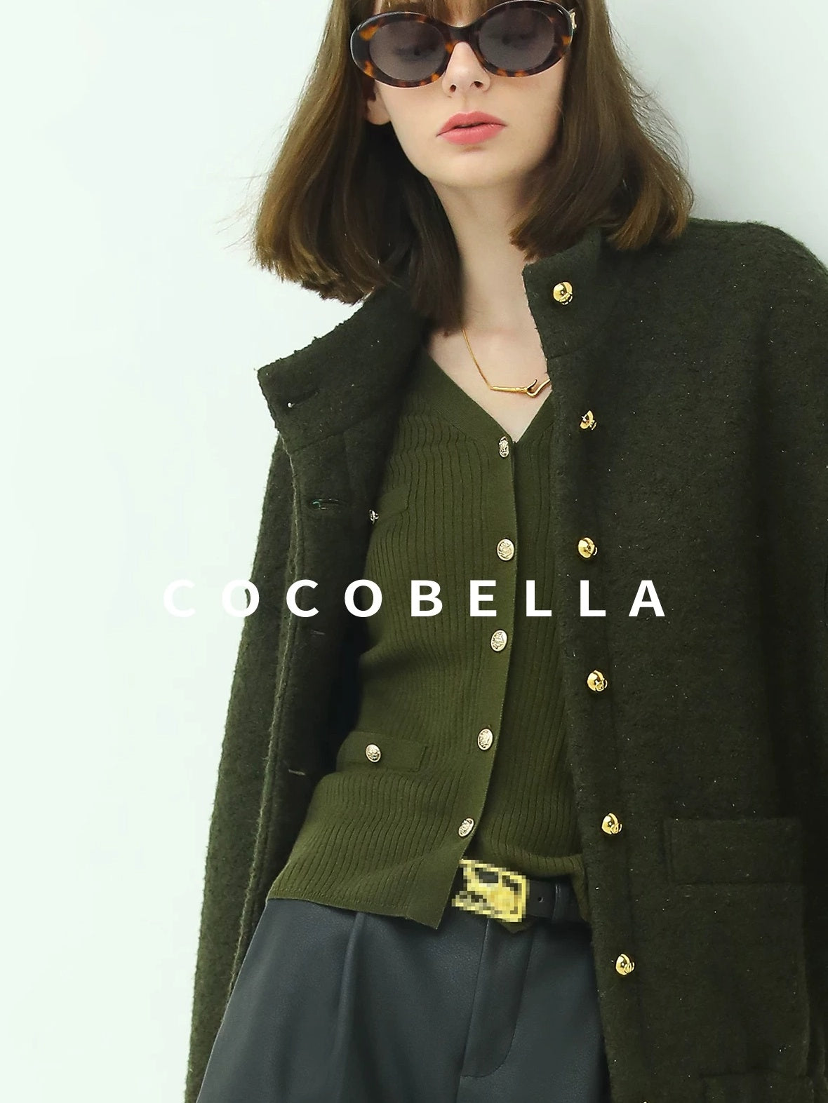COCOBELLA Minimal Commuter Straight Fit Stand Collar Wool Blend Button Army Green Jackets