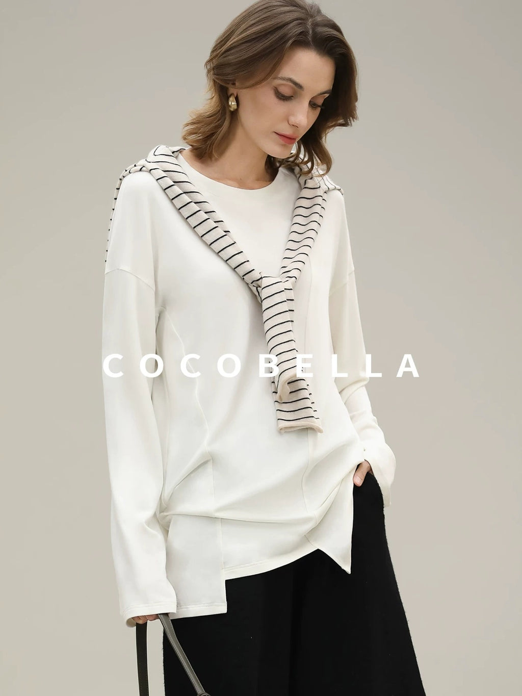 COCOBELLA Minimalist Asymmetric Loose Fit Long Sleeve Round Neck Women Commuter Shirts