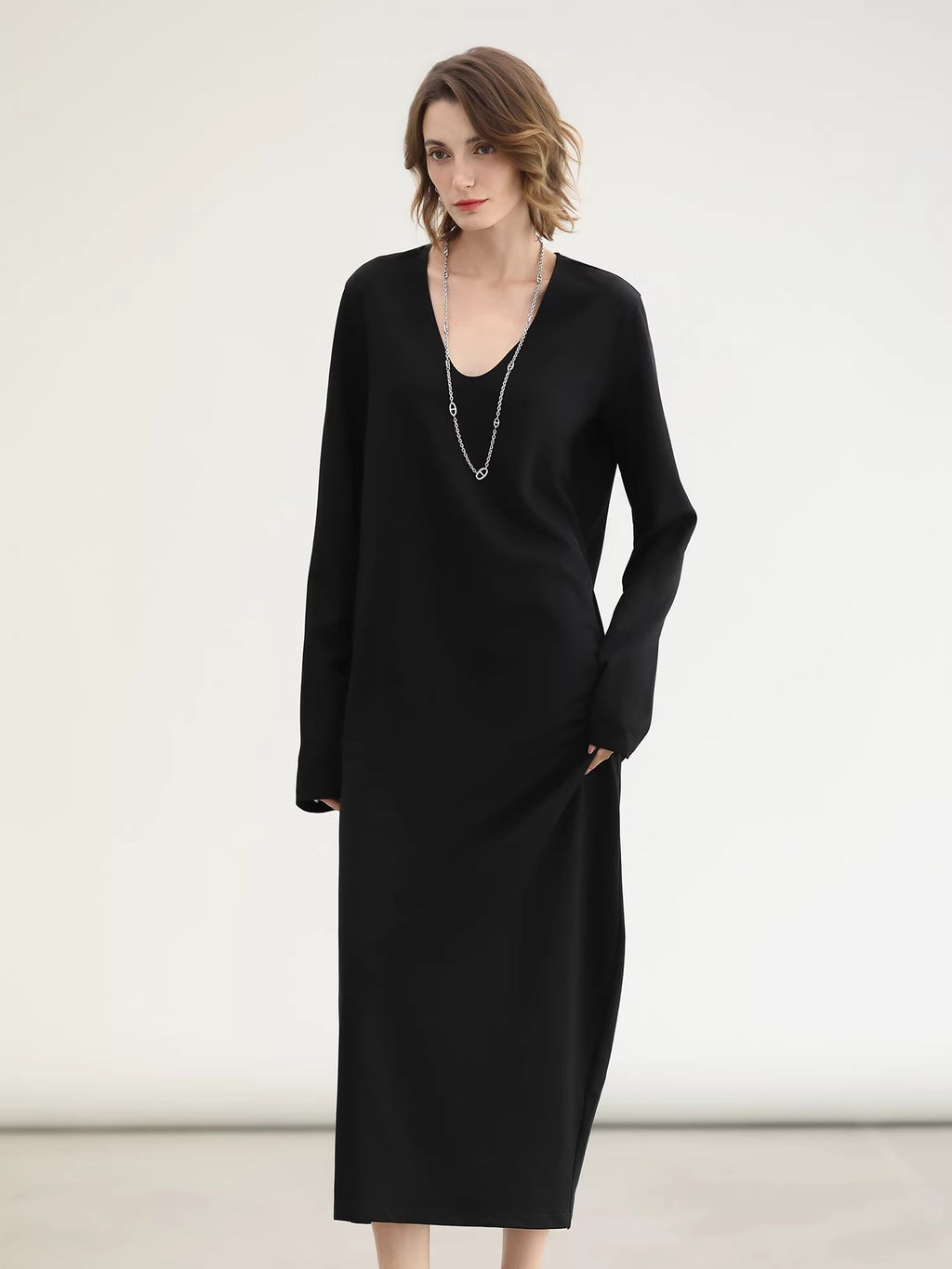 COCOBELLA_Minimalist_Asymmetric_V_Neck_Longsleeve_Loose_Waist_Office_Black_Tencel_Dresses_MISSTT