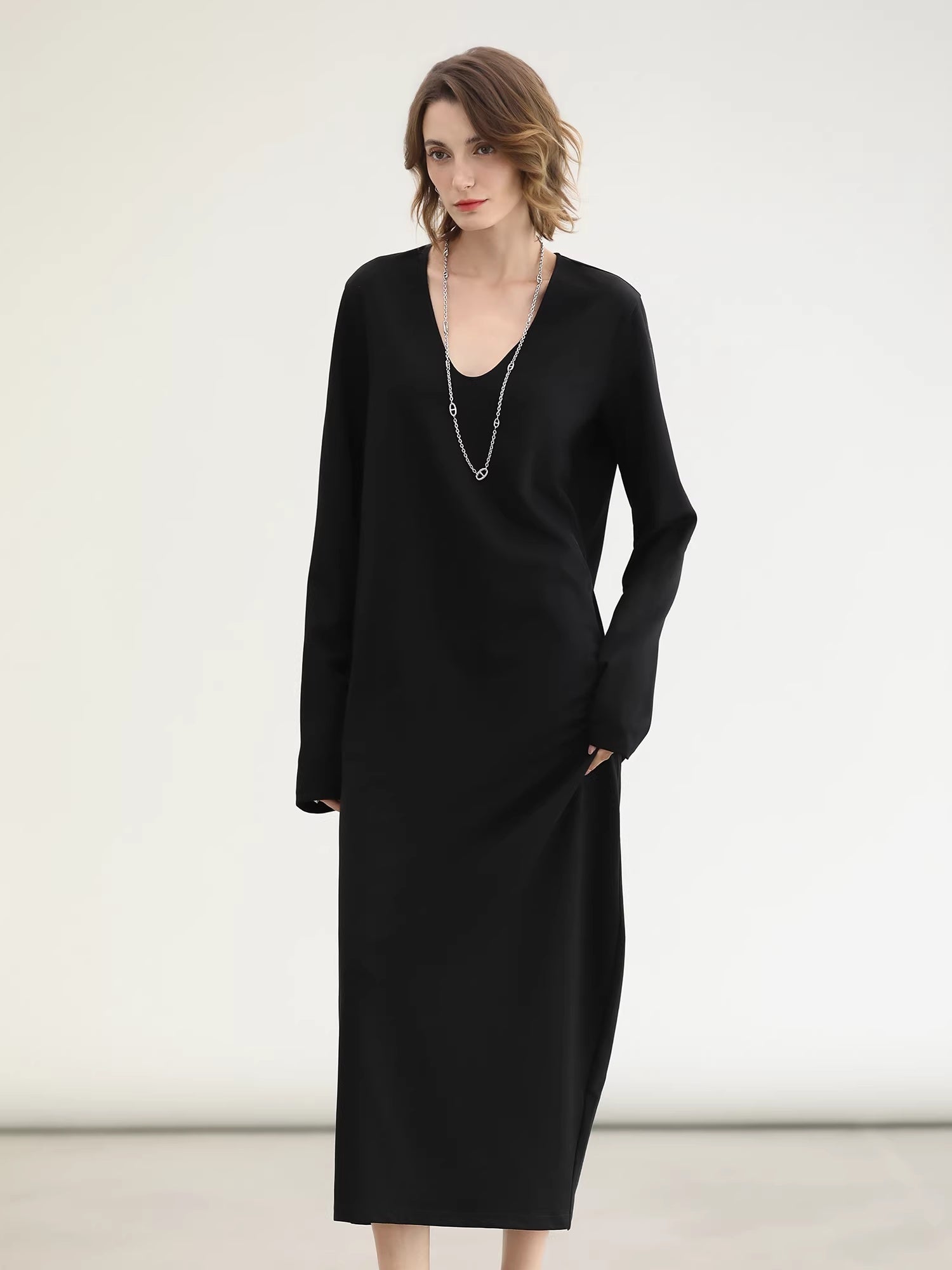 COCOBELLA_Minimalist_Asymmetric_V_Neck_Longsleeve_Loose_Waist_Office_Black_Tencel_Dresses_MISSTT