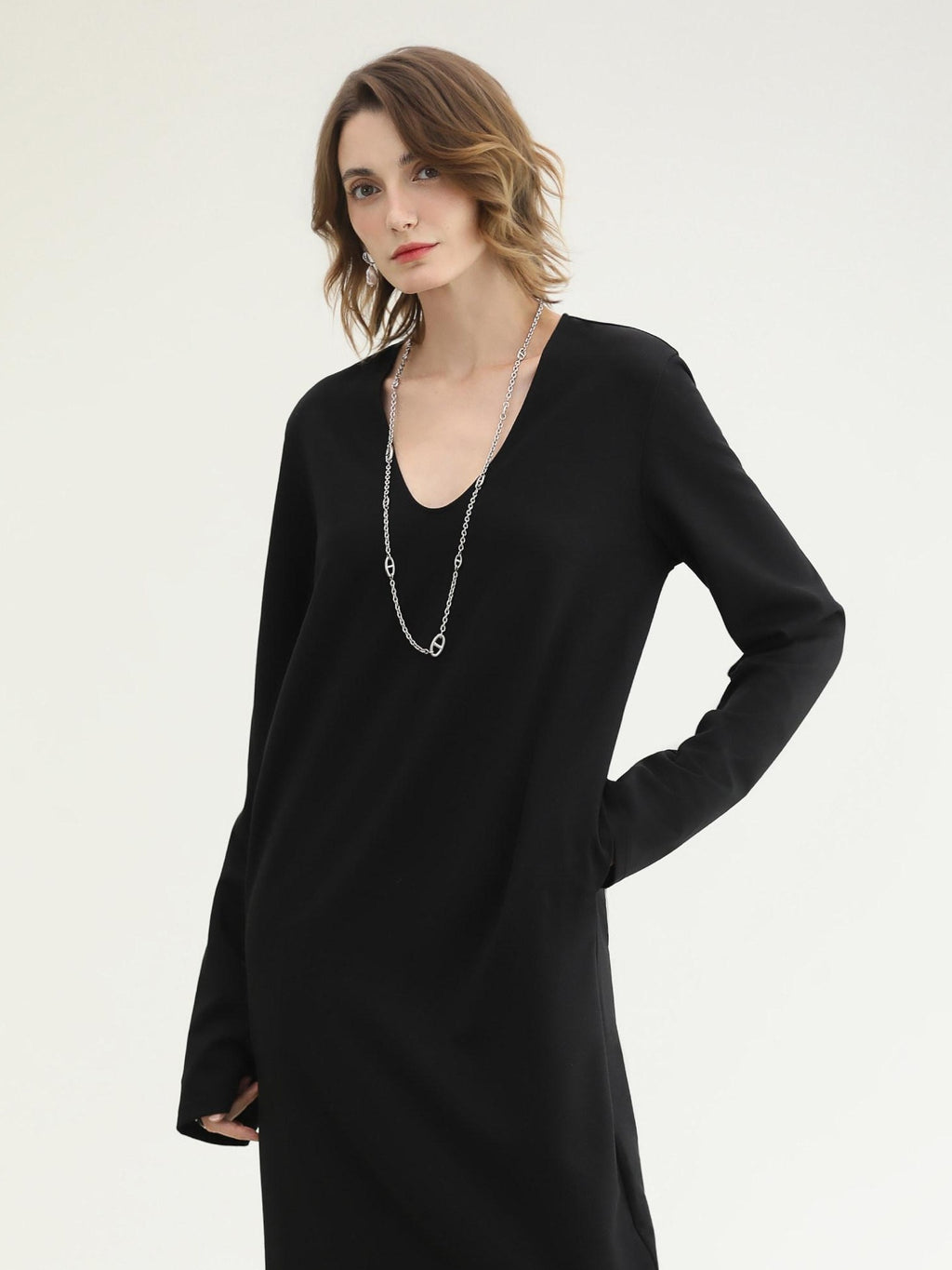 COCOBELLA Minimalist Asymmetric V Neck Longsleeve Loose Waist Office Black Tencel Dresses