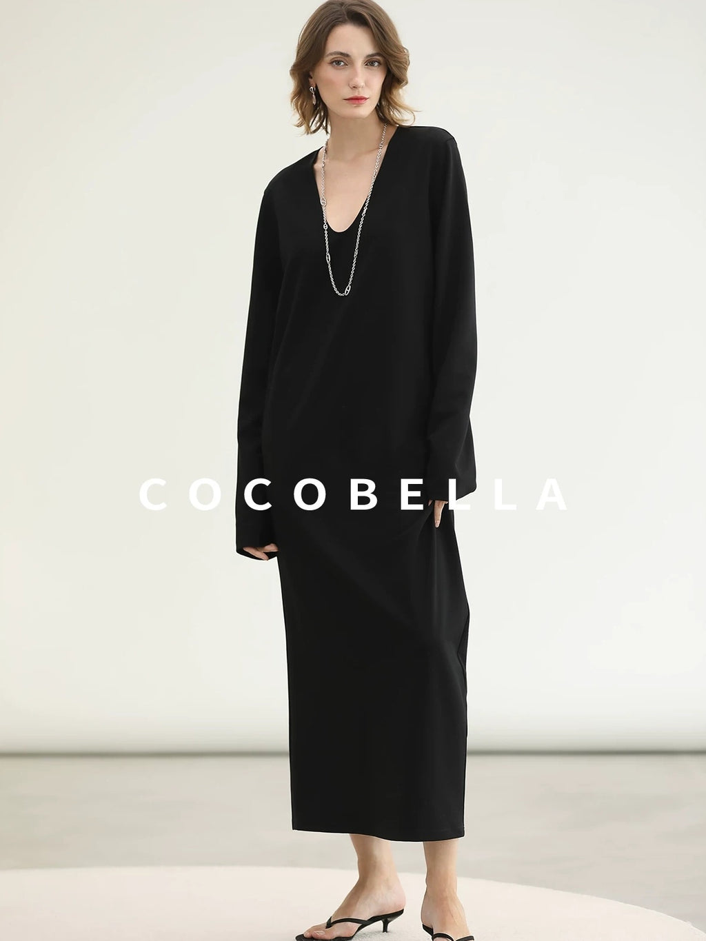 COCOBELLA Minimalist Asymmetric V Neck Longsleeve Loose Waist Office Black Tencel Dresses