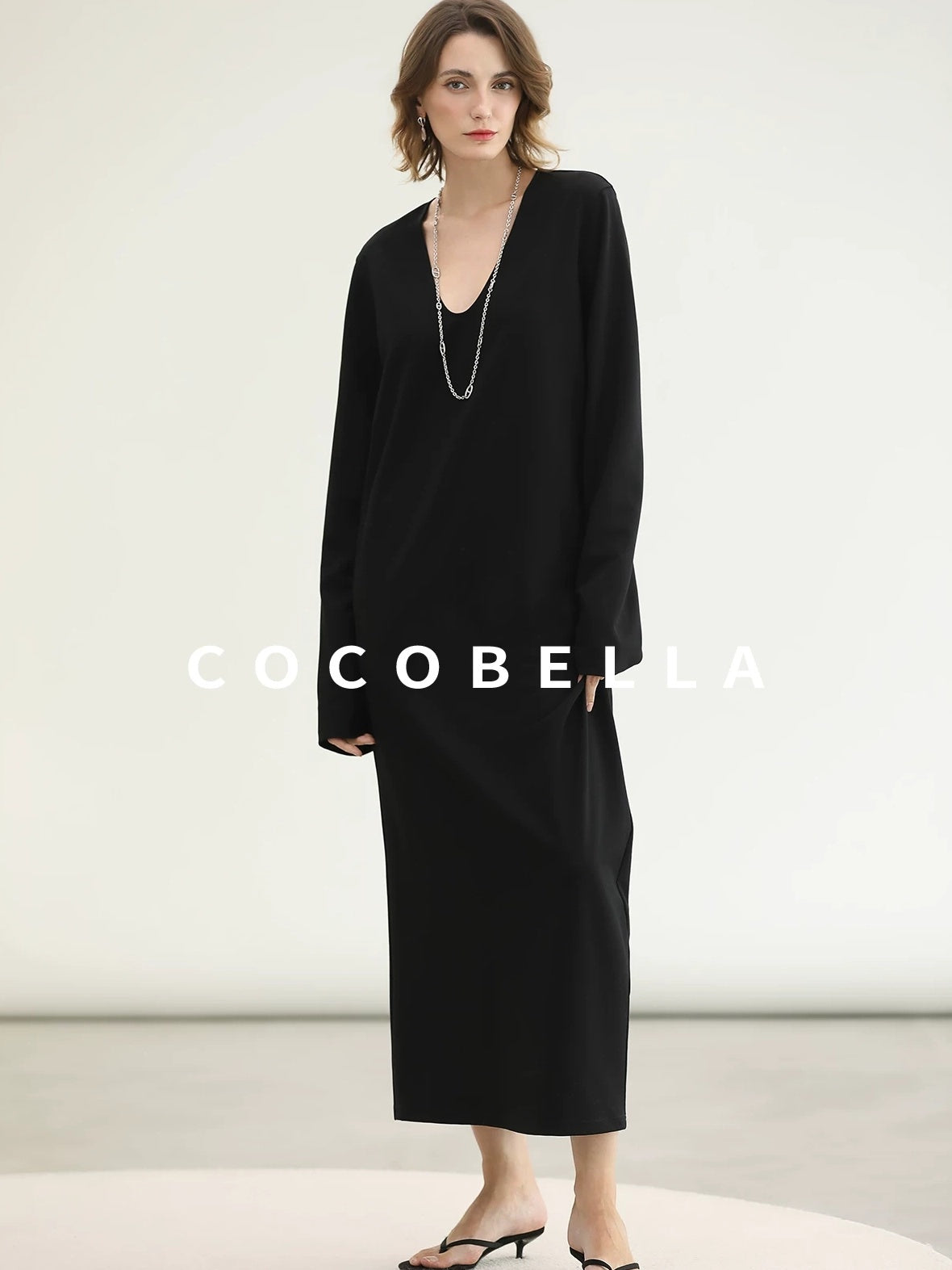 COCOBELLA Minimalist Asymmetric V Neck Longsleeve Loose Waist Office Black Tencel Dresses