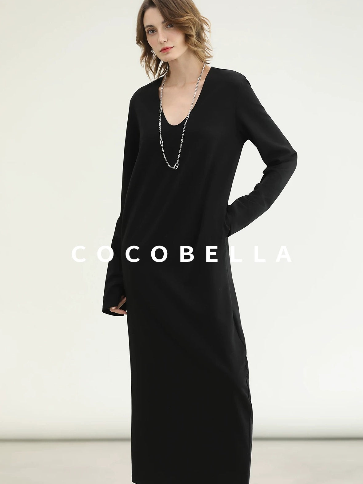 COCOBELLA Minimalist Asymmetric V Neck Longsleeve Loose Waist Office Black Tencel Dresses