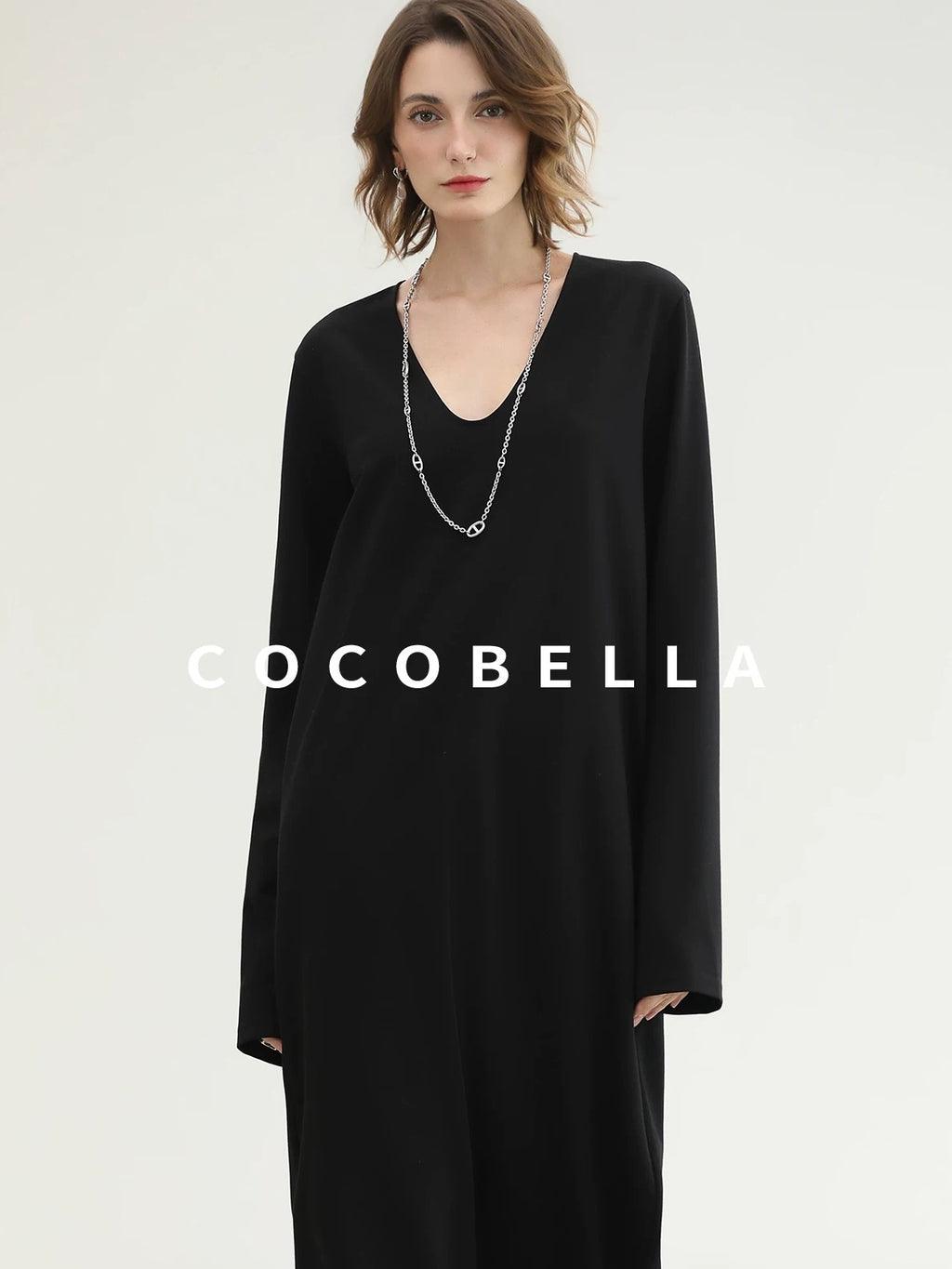 COCOBELLA Minimalist Asymmetric V Neck Longsleeve Loose Waist Office Black Tencel Dresses