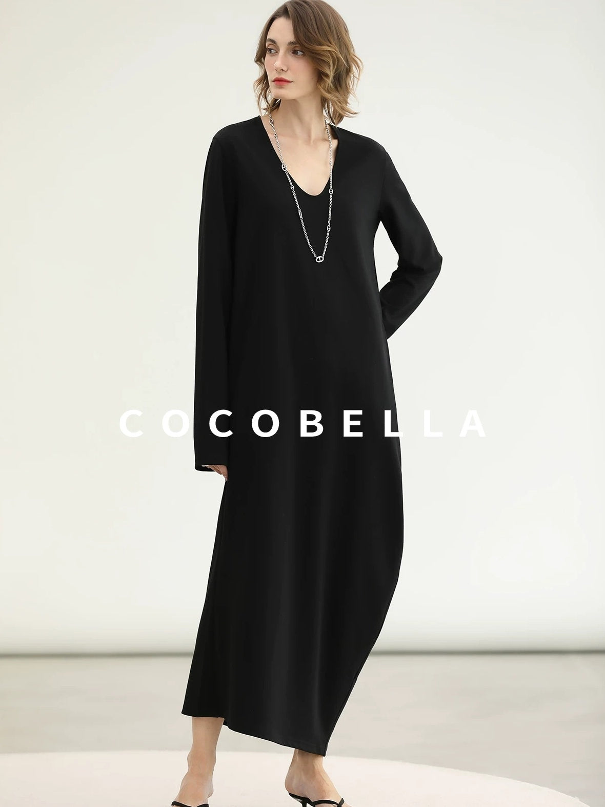 COCOBELLA Minimalist Asymmetric V Neck Longsleeve Loose Waist Office Black Tencel Dresses
