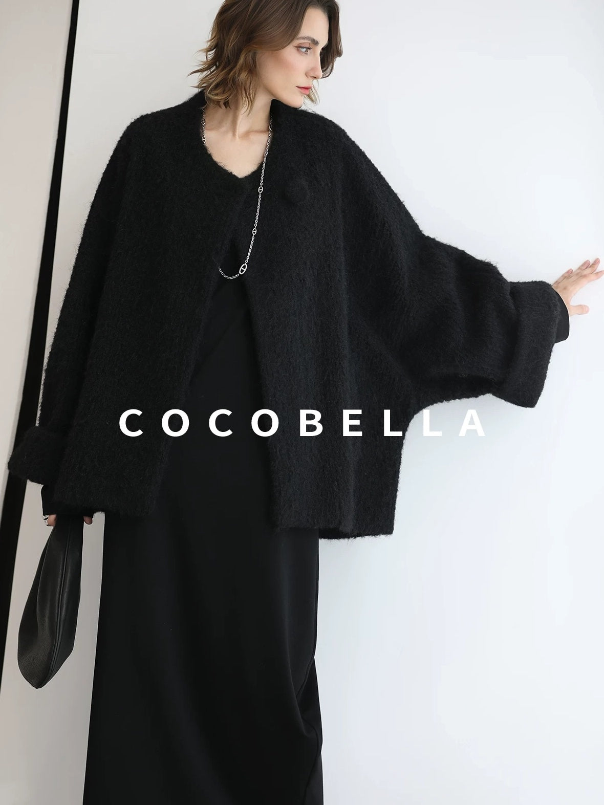 COCOBELLA Minimalist Asymmetric V Neck Longsleeve Loose Waist Office Black Tencel Dresses