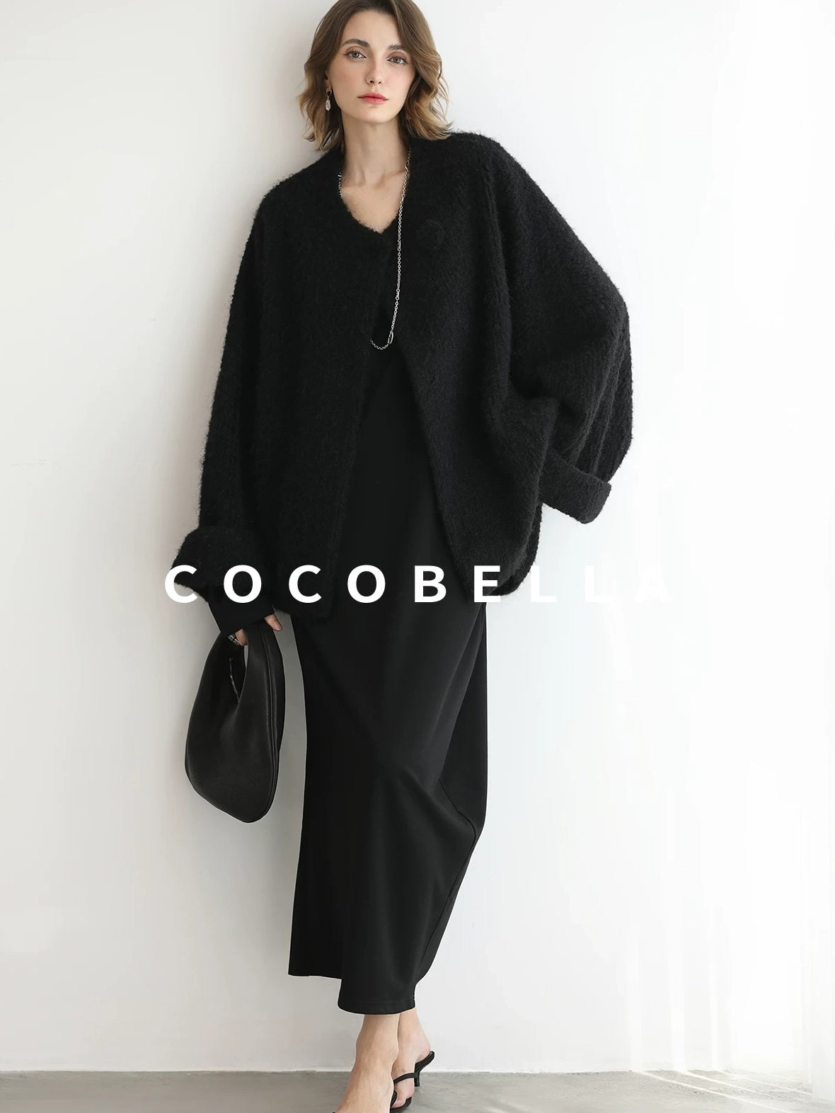 COCOBELLA Minimalist Asymmetric V Neck Longsleeve Loose Waist Office Black Tencel Dresses