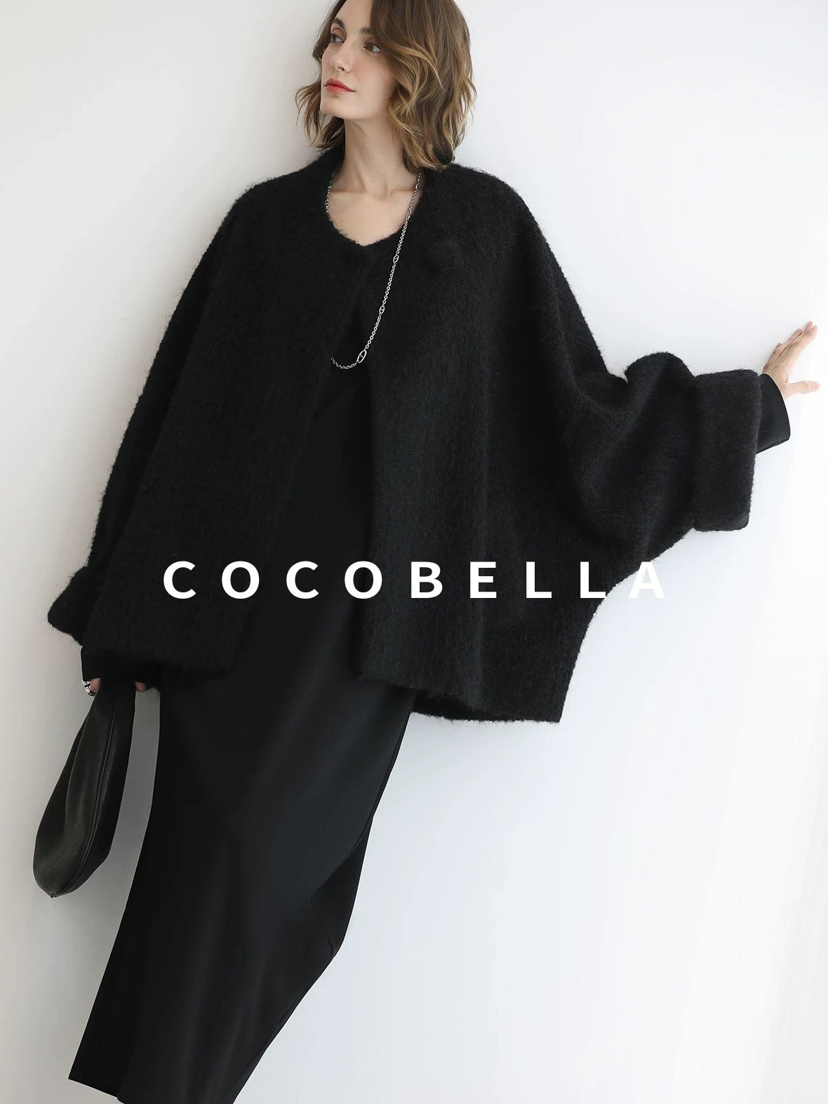 COCOBELLA Minimalist Asymmetric V Neck Longsleeve Loose Waist Office Black Tencel Dresses