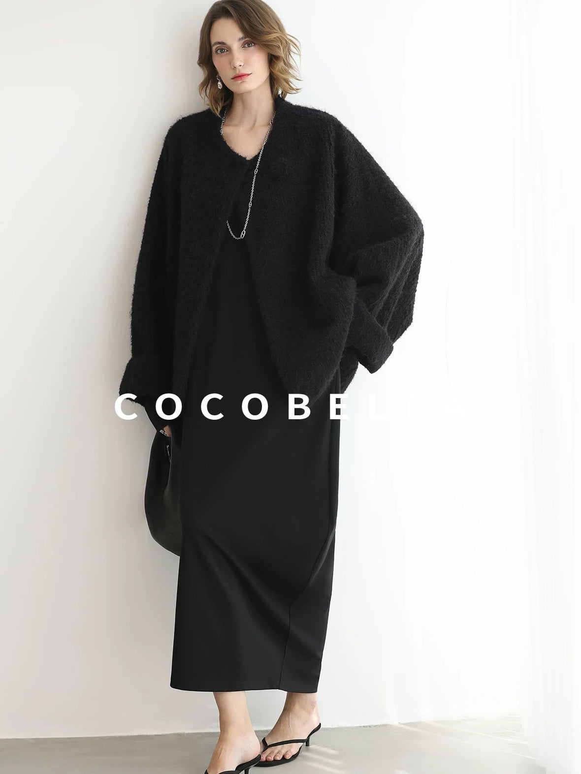 COCOBELLA Minimalist Asymmetric V Neck Longsleeve Loose Waist Office Black Tencel Dresses