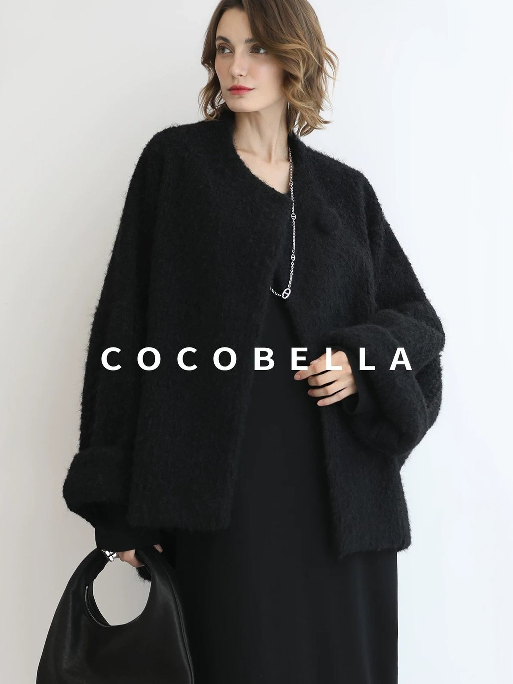 COCOBELLA Minimalist Asymmetric V Neck Longsleeve Loose Waist Office Black Tencel Dresses