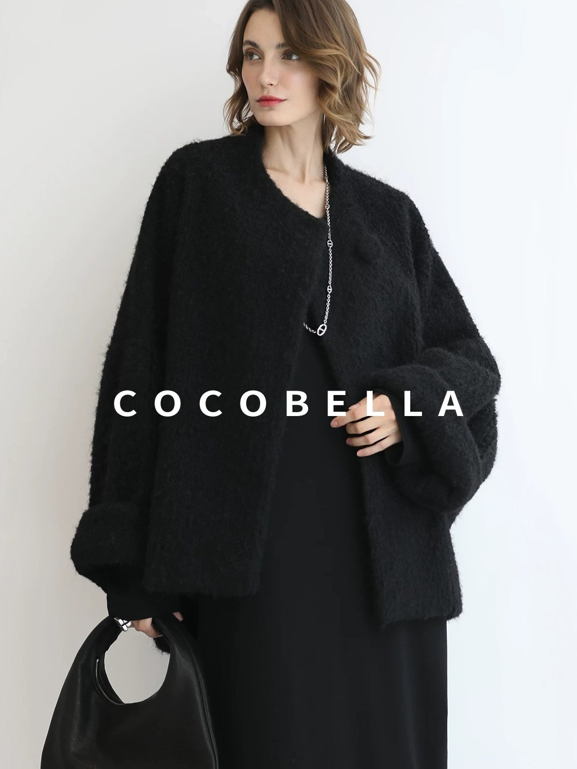 COCOBELLA Minimalist Asymmetric V Neck Longsleeve Loose Waist Office Black Tencel Dresses