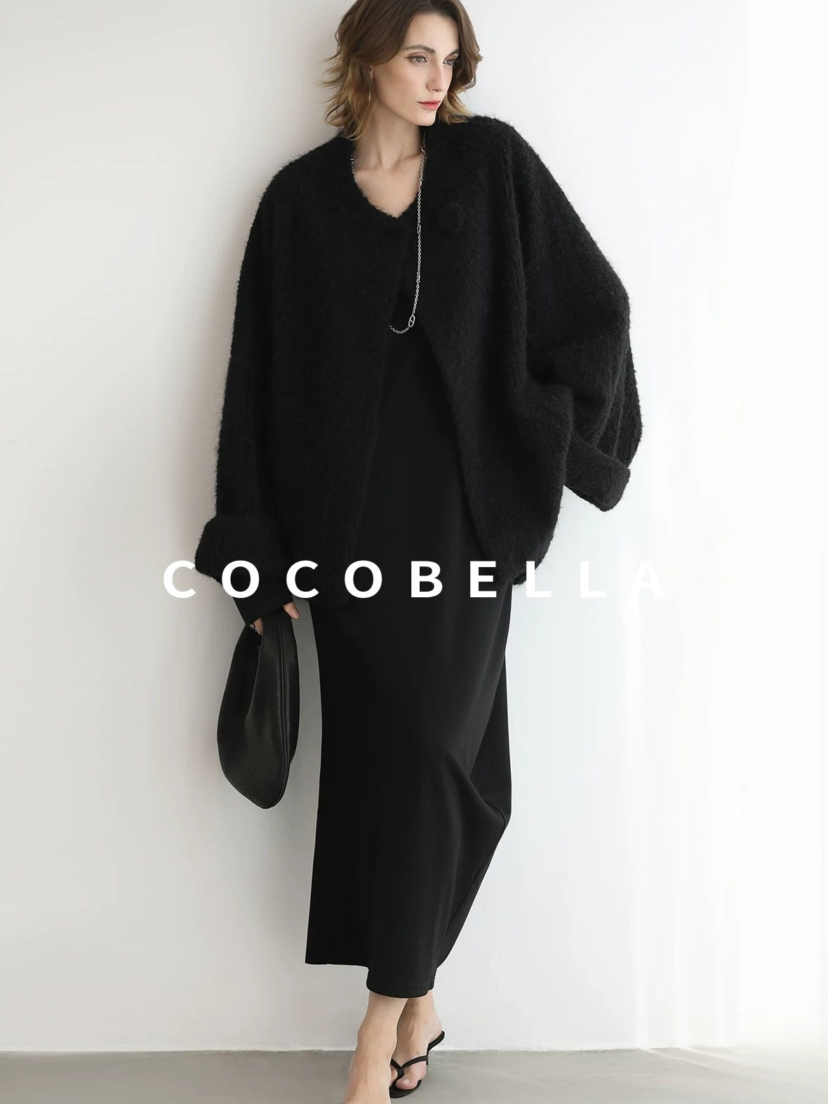 COCOBELLA Minimalist Asymmetric V Neck Longsleeve Loose Waist Office Black Tencel Dresses