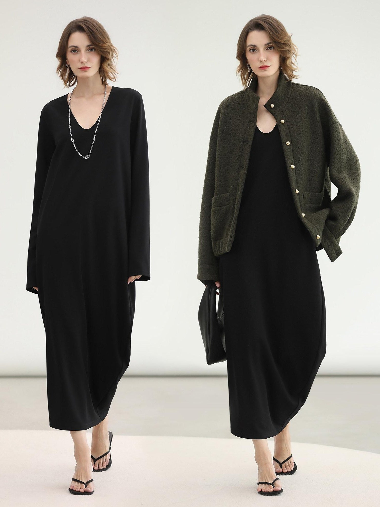 COCOBELLA Minimalist Asymmetric V Neck Longsleeve Loose Waist Office Black Tencel Dresses