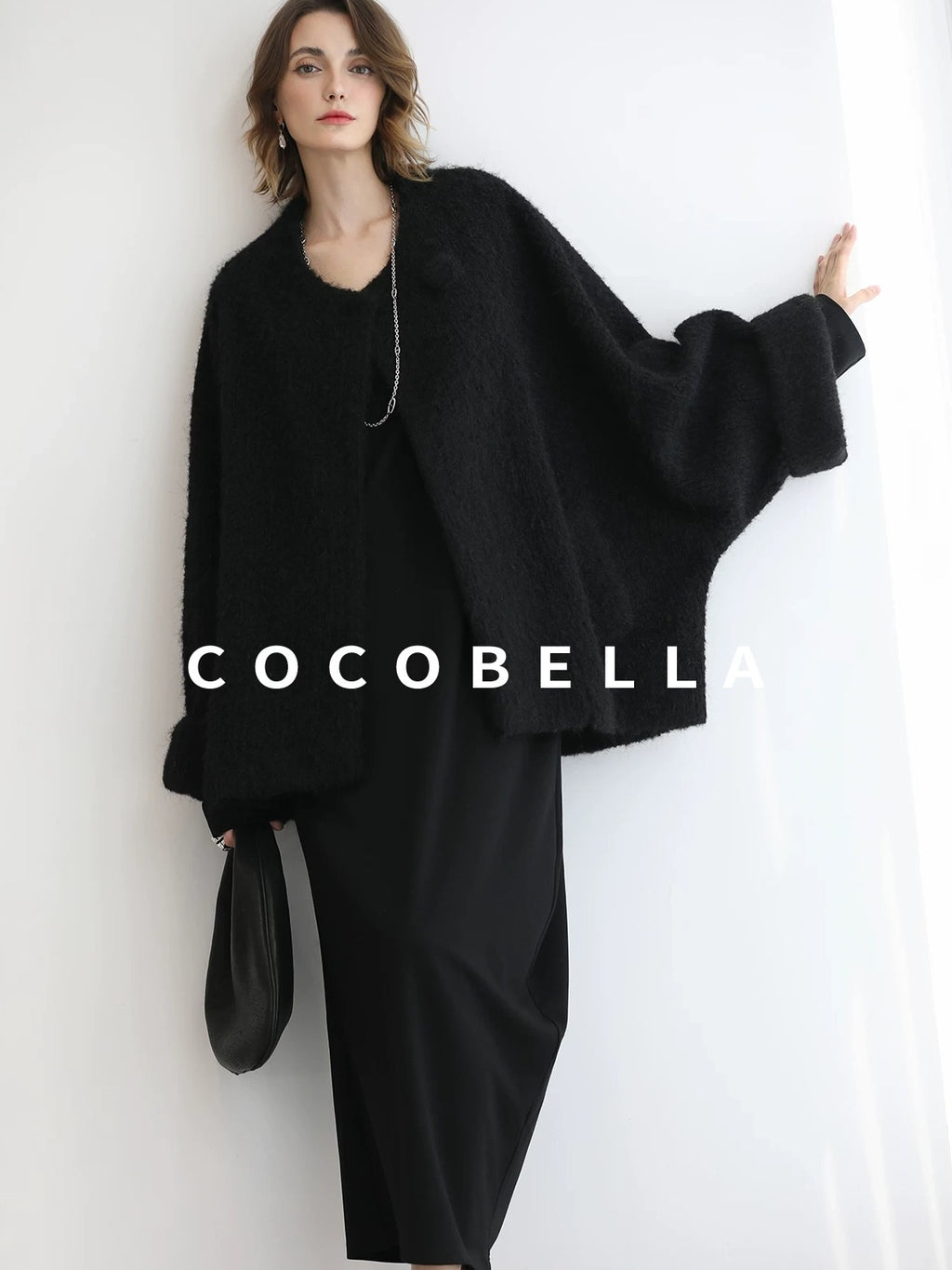 COCOBELLA Minimalist Asymmetric V Neck Longsleeve Loose Waist Office Black Tencel Dresses