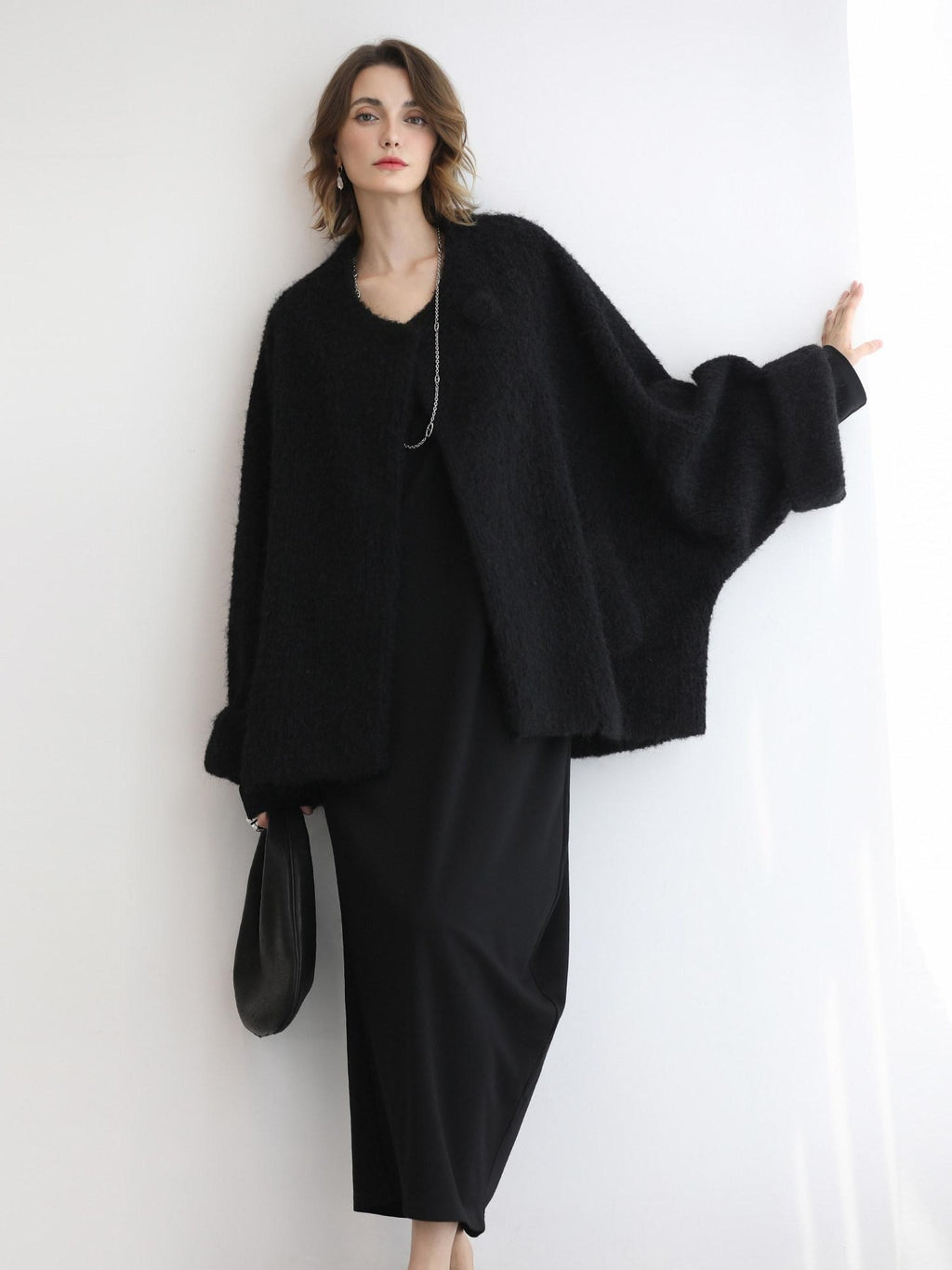 COCOBELLA Minimalist Asymmetric V Neck Longsleeve Loose Waist Office Black Tencel Dresses