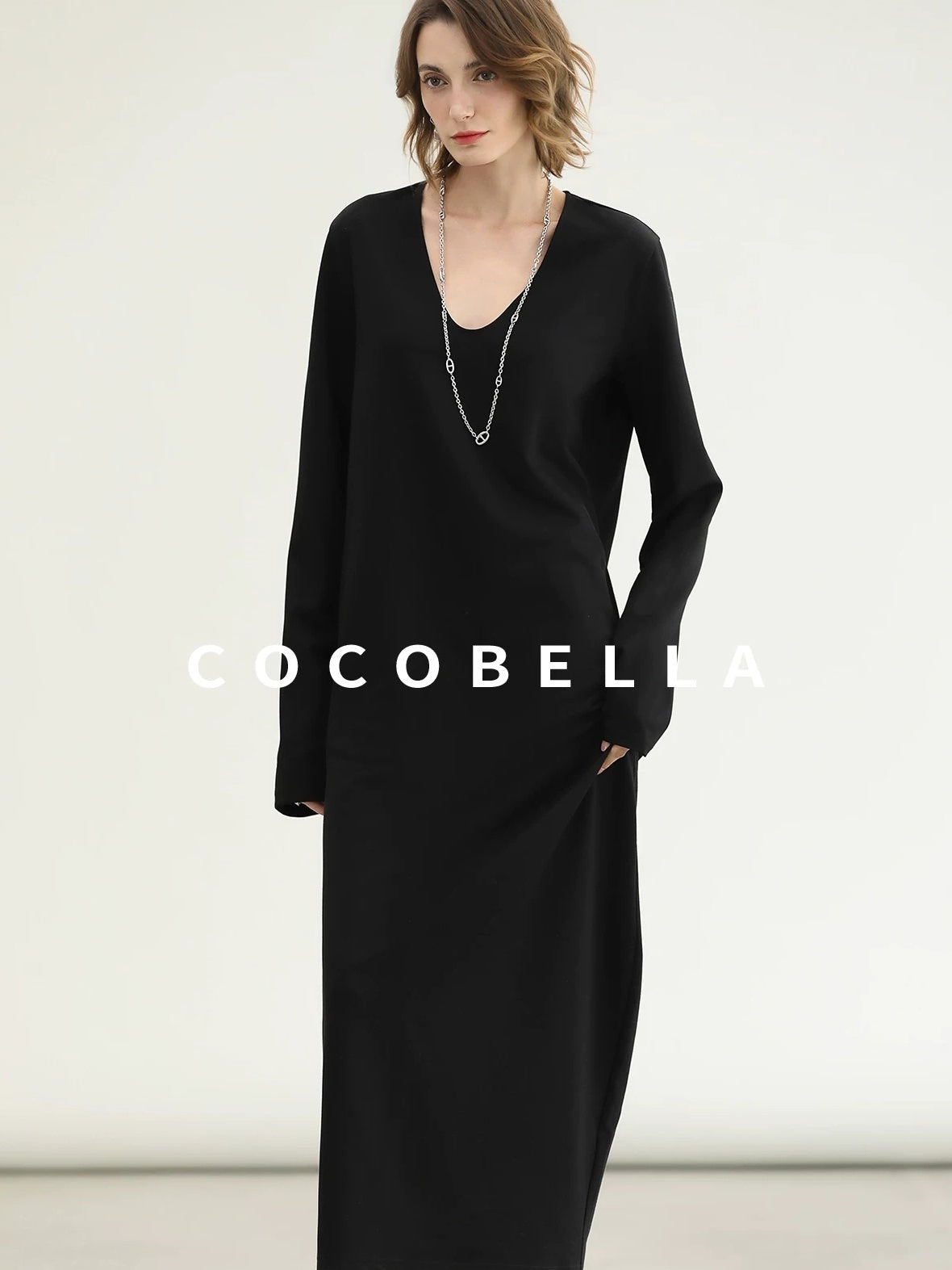 COCOBELLA Minimalist Asymmetric V Neck Longsleeve Loose Waist Office Black Tencel Dresses