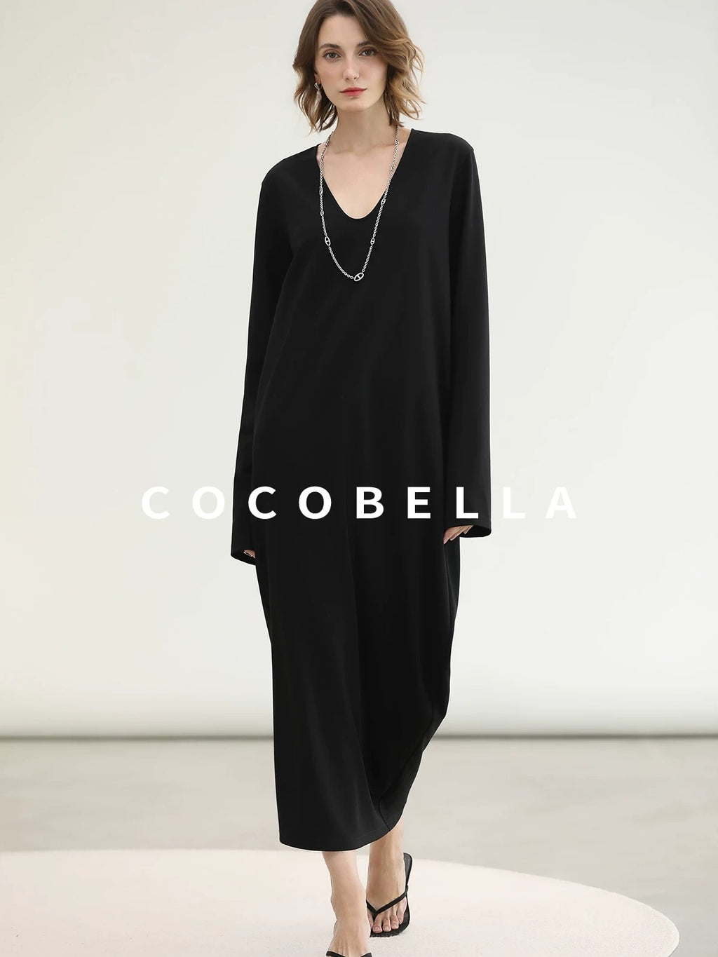 COCOBELLA Minimalist Asymmetric V Neck Longsleeve Loose Waist Office Black Tencel Dresses