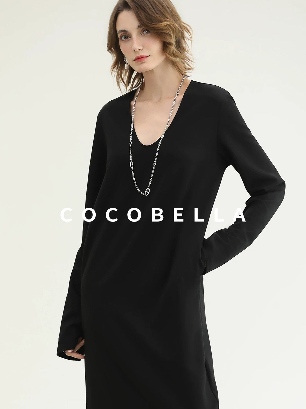 COCOBELLA Minimalist Asymmetric V Neck Longsleeve Loose Waist Office Black Tencel Dresses
