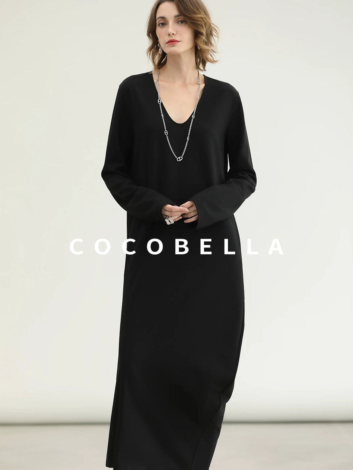 COCOBELLA Minimalist Asymmetric V Neck Longsleeve Loose Waist Office Black Tencel Dresses