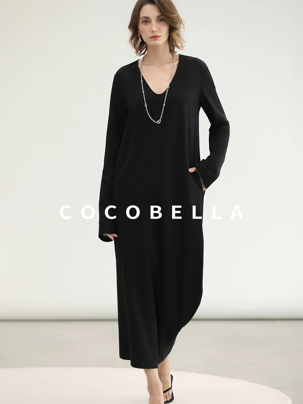 COCOBELLA Minimalist Asymmetric V Neck Longsleeve Loose Waist Office Black Tencel Dresses