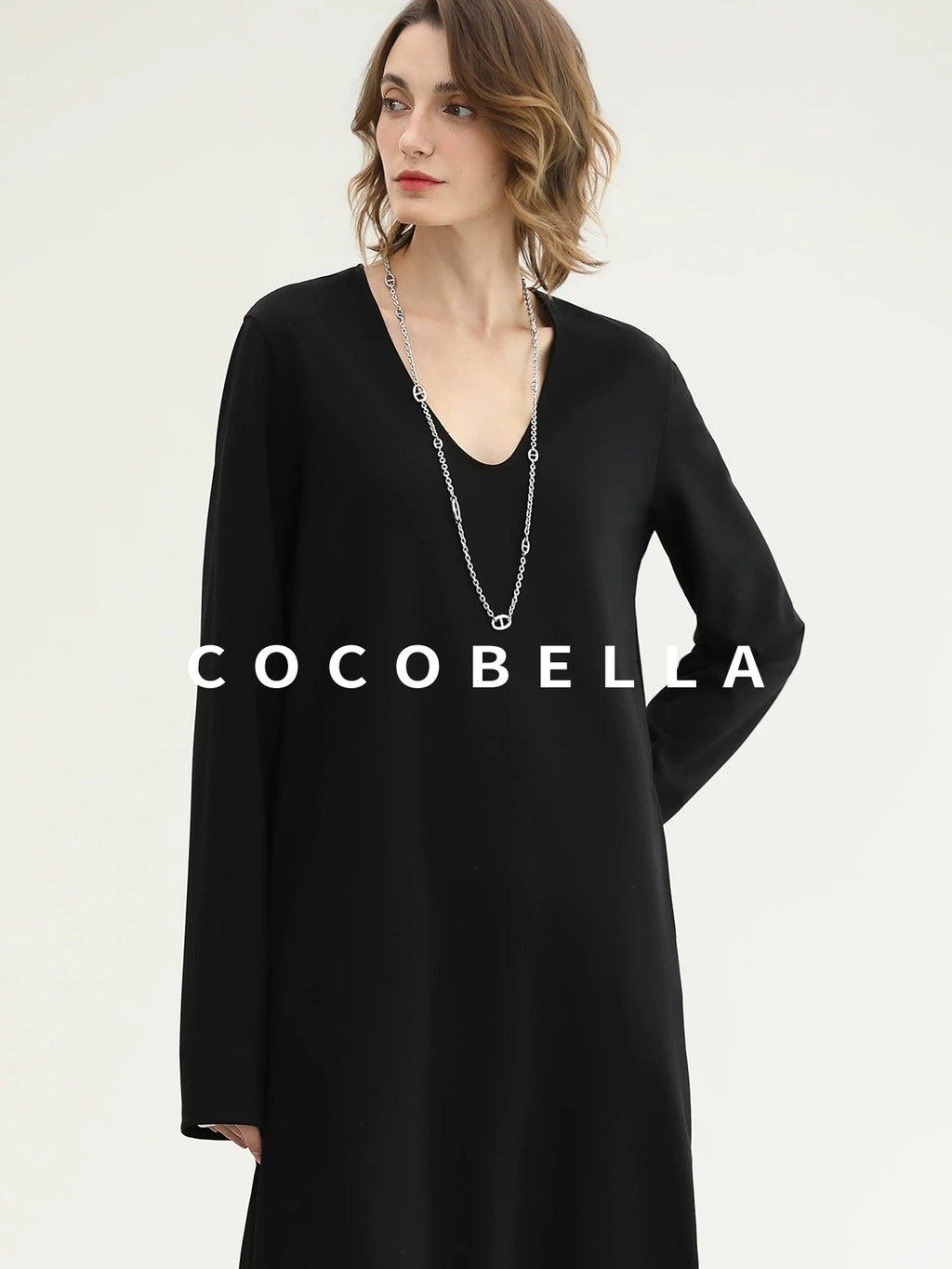 COCOBELLA Minimalist Asymmetric V Neck Longsleeve Loose Waist Office Black Tencel Dresses