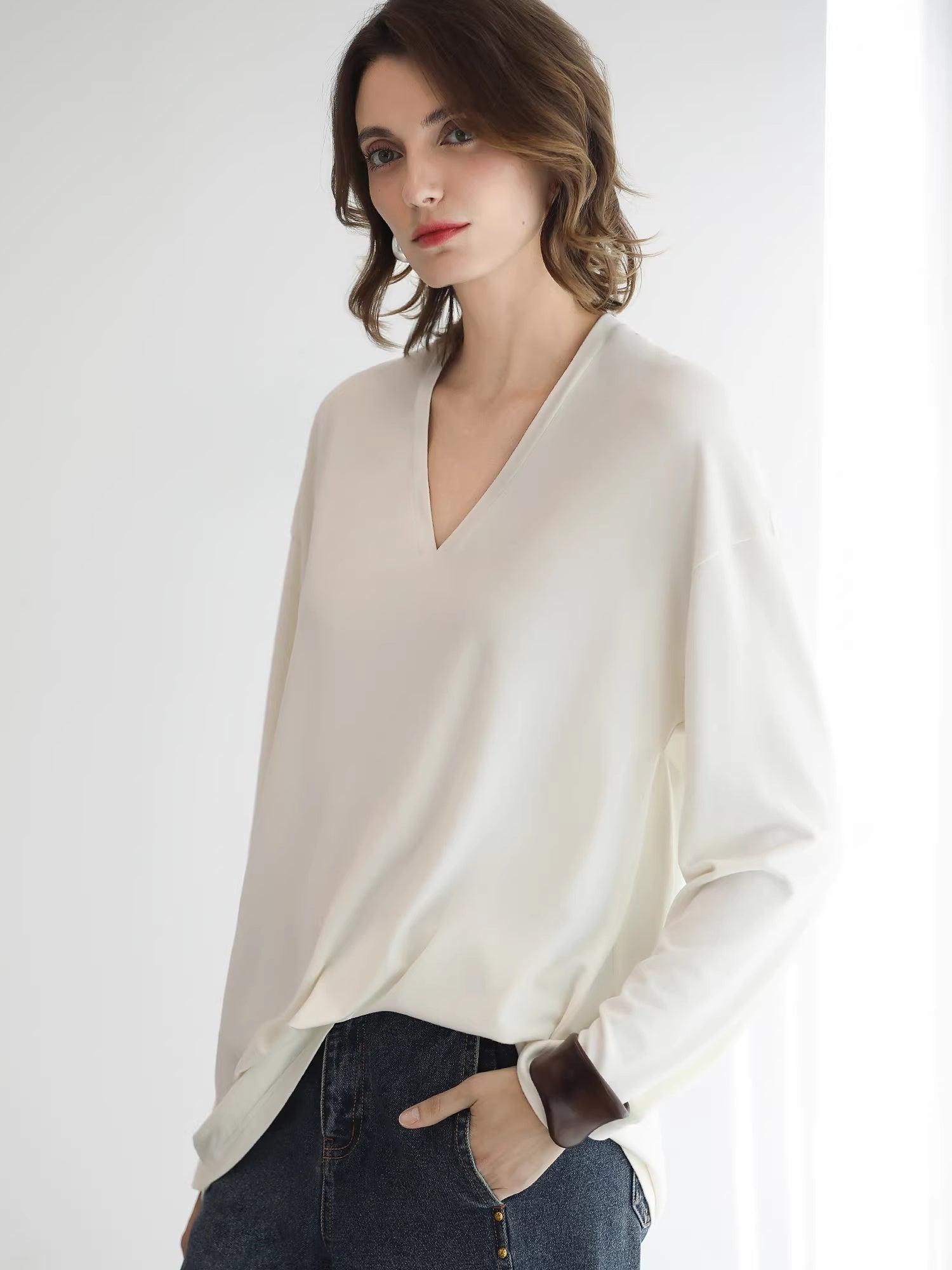 COCOBELLA_Minimalist_Brushed_V_Neck_Loose_Fit_Long_Sleeve_Anti_Static_Women_Shirts_MISSTT